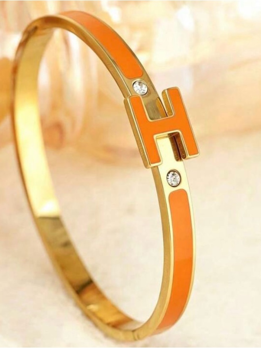 Gold-Tone Orange H Enamel Bangle Stainless Steel Bracelet- Designer Style